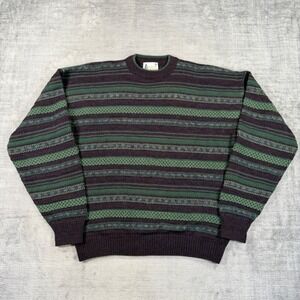 London Fog Sweater Mens XL Purple VTG Striped Textured Knit Crewneck Heritag